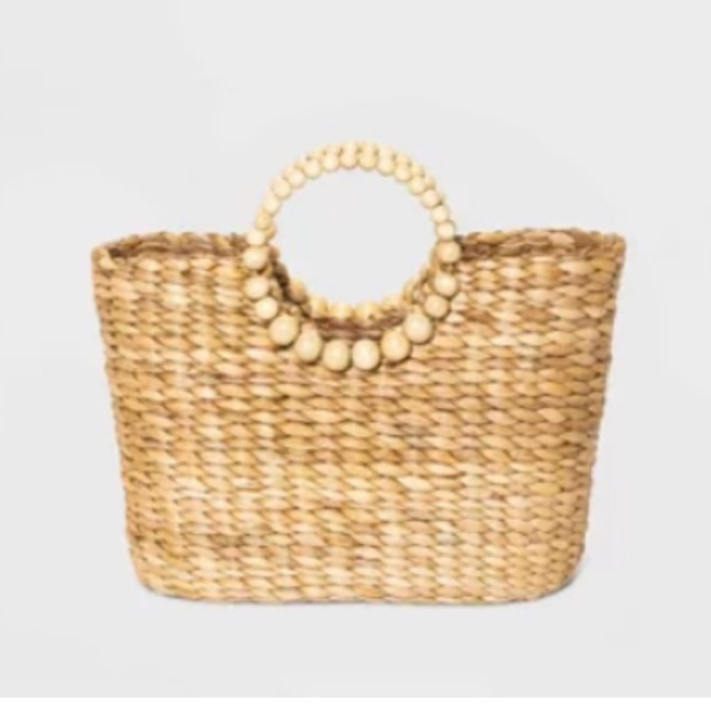 Natural Woven Tote Bag with Beaded Handles